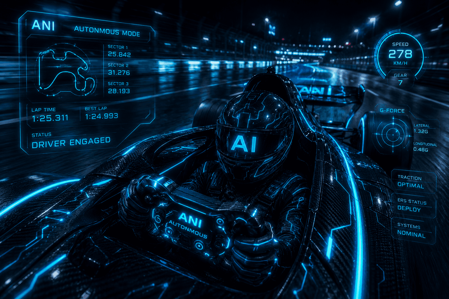 First-person cockpit view — a driver in an AI helmet, hands on the wheel, HUD reading DRIVER ENGAGED