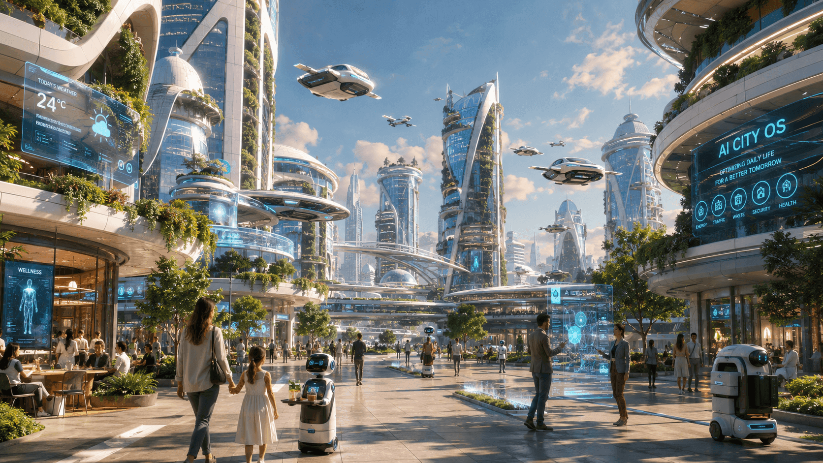 A sunny, green future city — flying taxis and calm crowds, an 'AI CITY OS' optimizing daily life