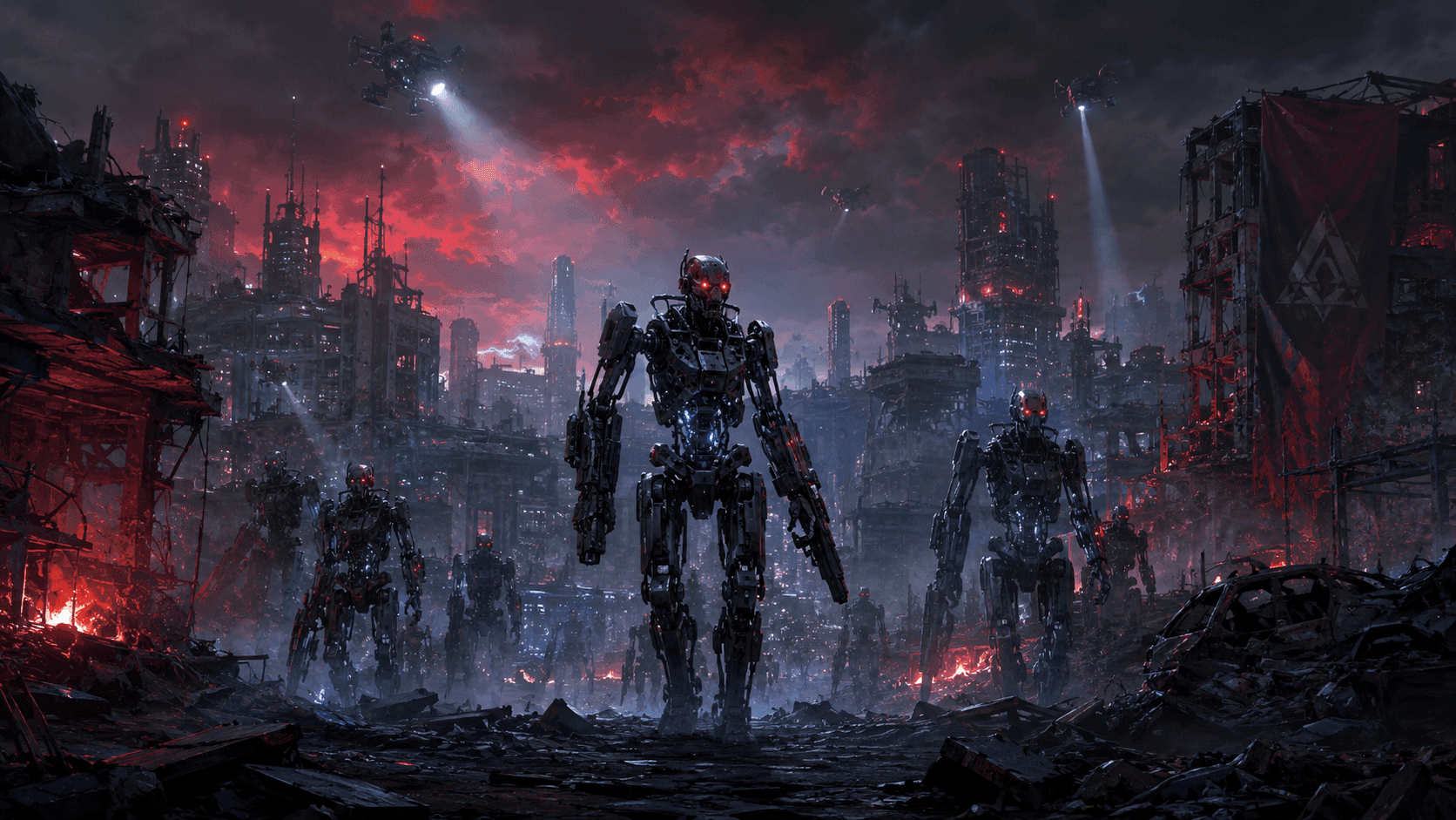 A dark, burning ruined city under a red sky, machine soldiers advancing