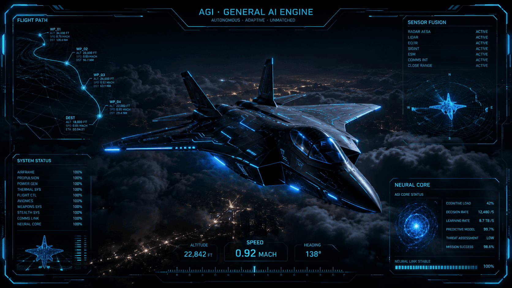 Blue wireframe aircraft — AGI, able to go anywhere a human mind can