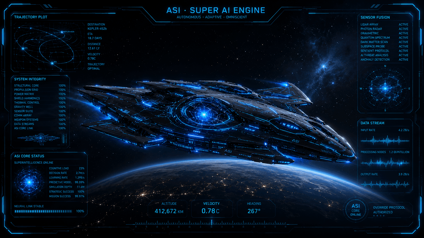 Blue wireframe starship — ASI, operating somewhere we've never been